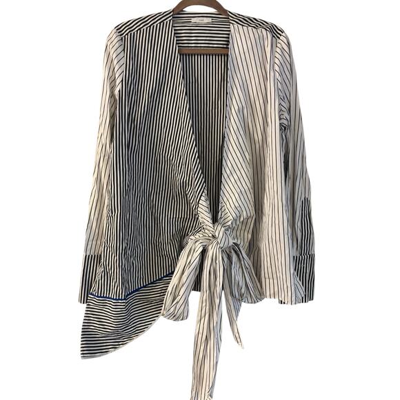 Tome Tops - Tome Women’s 100% Cotton Blouse Top Striped Asymmetrical Long Sleeve Tie large